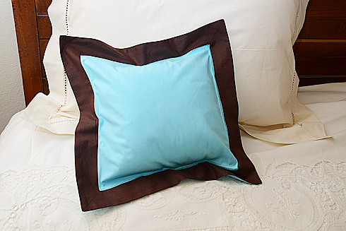 Pillow Sham 12"x12" Square. AQUA BLUE with Brown color border